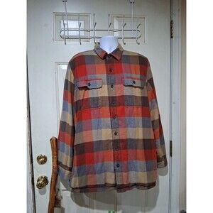 L.L. Bean Orange and Brown Plaid Cotton Flannel Sherpa Lined Shirt Jacket XL